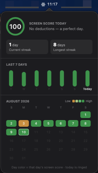 The Mandala stats popover under the menu bar: screen score 100, a seven-day bar chart and an August 2026 calendar.
